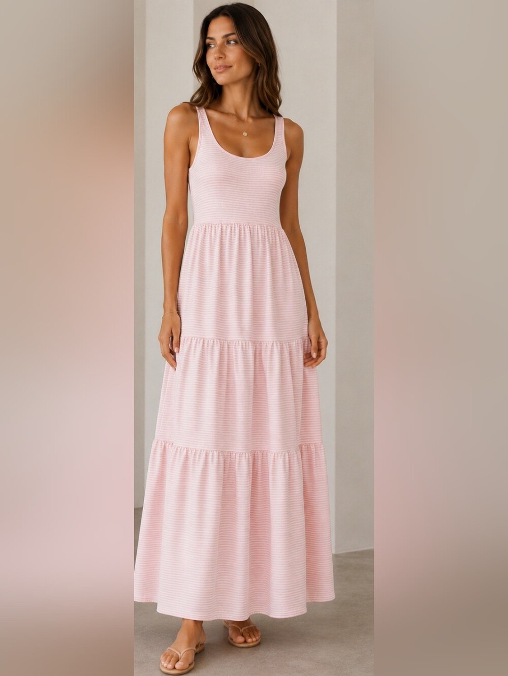 H&M Pale Pink & White Striped Tiered Maxi Dress. NWOT. Size S. 100% Cotton.